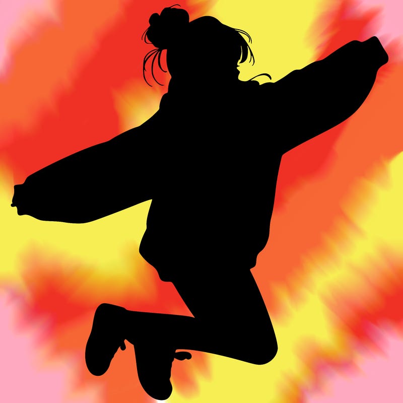 realistic girl jumping with a bun and oversized sweatshirt