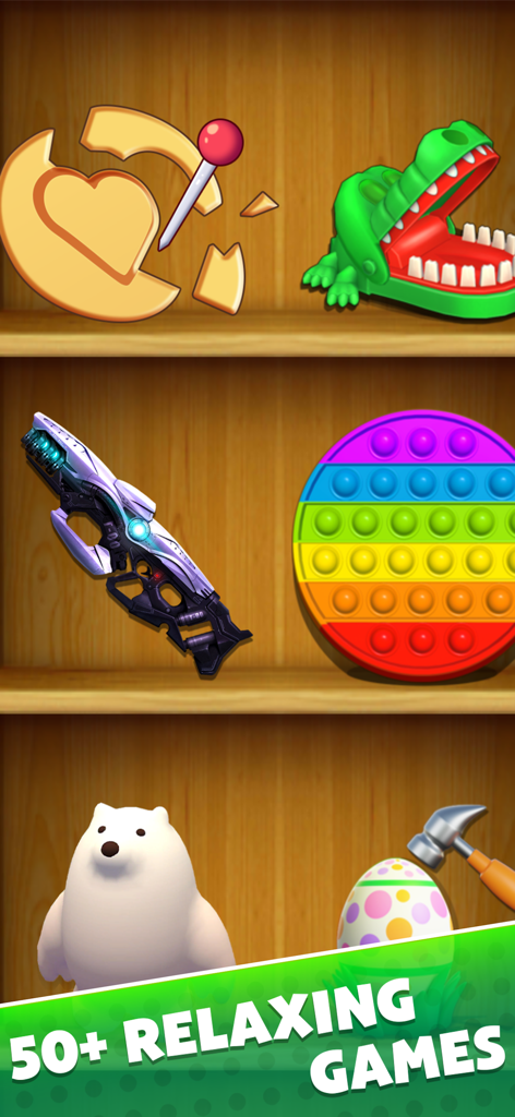 Antistress Relaxing Minigames - Una colección de minijuegos antiestrés relajantes que incluyen un pop-it y juguetes ASMR en un estante de madera.