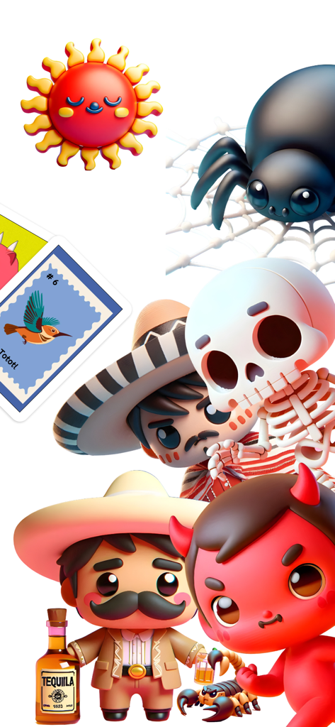 Barajaverso ® Lotería Mexicana - 3D stylized cartoon characters of traditional Mexican Loteria cards including the sun, devil, and skeleton