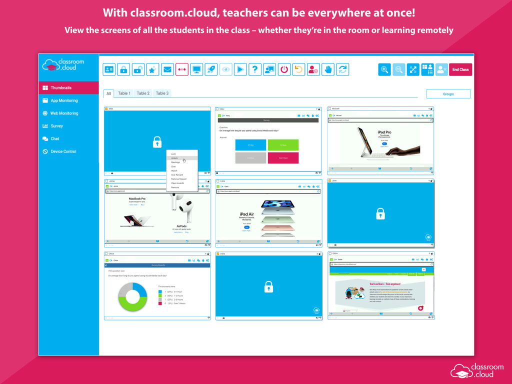 classroom.cloud Student - Classroom management dashboard showing real-time thumbnails of student iPad screens.