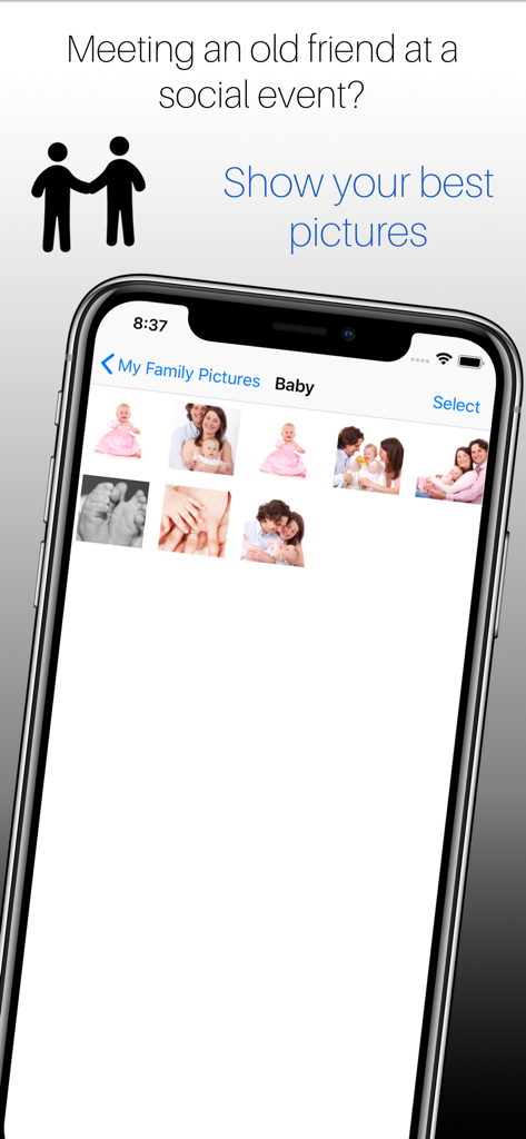 My Family Pictures - iPhone screen displaying the My Family Pictures app with a curated gallery of baby and family photos for social events