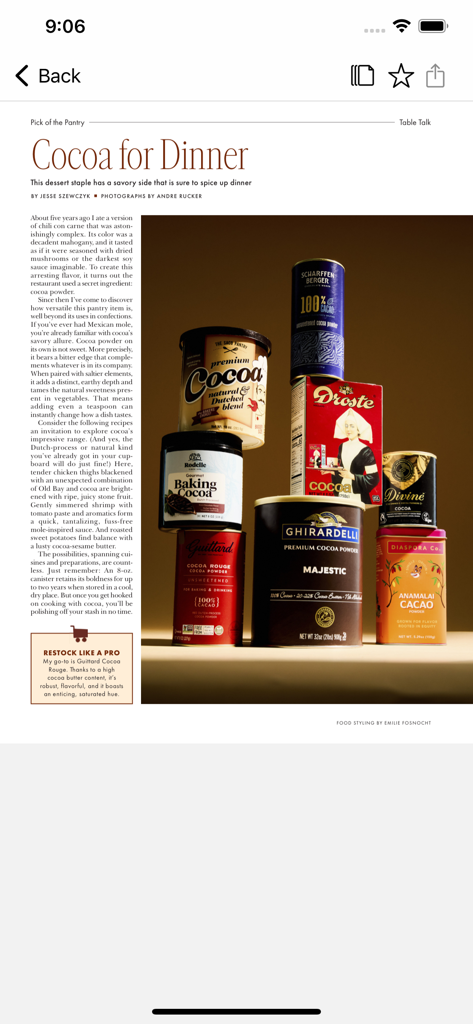 Bon Appetit - Articolo dell'edizione digitale di Bon Appetit intitolato "Cocoa for Dinner" con vari prodotti di cacao in polvere