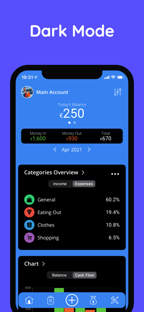 Moneyboard Budget Planner Bill - Moneyboard budget planner app interface showing balance and expense categories in dark mode.
