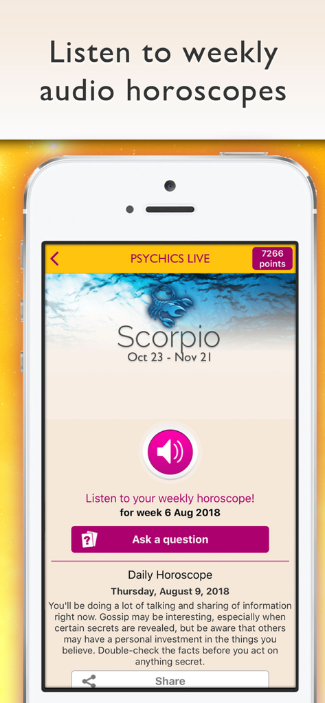 Interface móvel do aplicativo Psíquicos ao Vivo exibindo um horóscopo semanal em áudio para o signo de Escorpião.