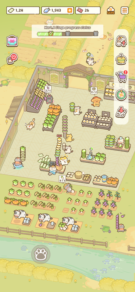 Cat Mart: Cute Grocery Shop - A top-down view of the Cat Mart game showing cats harvesting crops and managing a busy grocery store.
