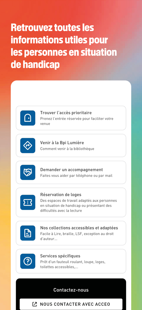 Bpi Lumière - Accessibility services menu in the Bpi Lumiere app showing options for priority access and assistance for users with disabilities