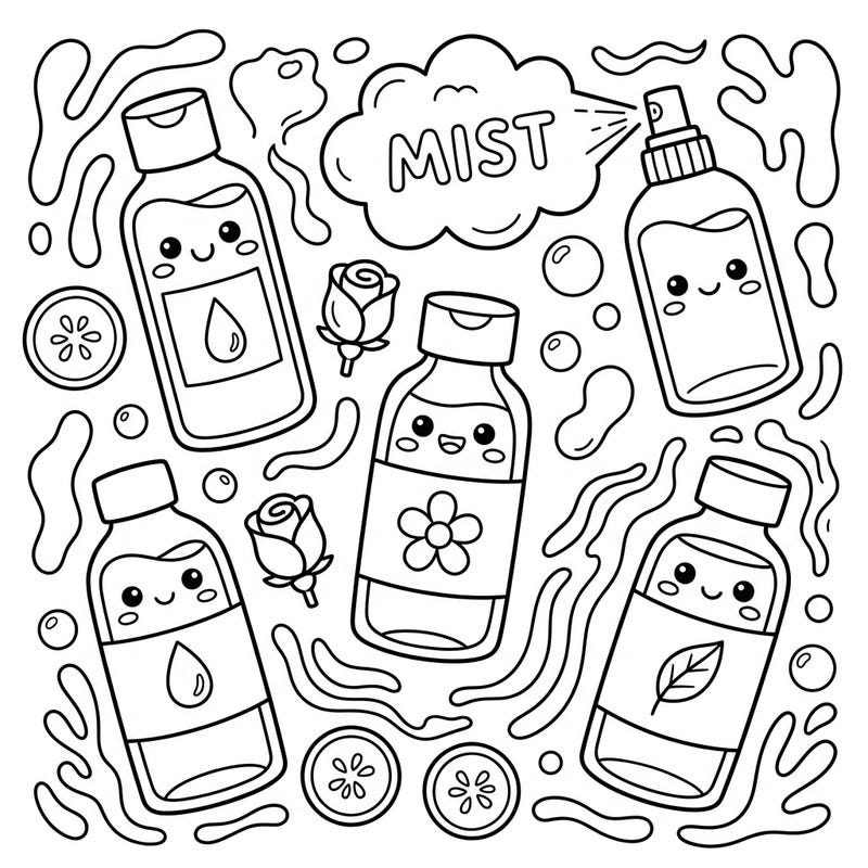 Introduce your little ones to the world of skincare with this delightful Toners & Essences coloring page. Featuring adorable kawaii bottles and natural elements, it's perfect for sparking creativity in young artists.