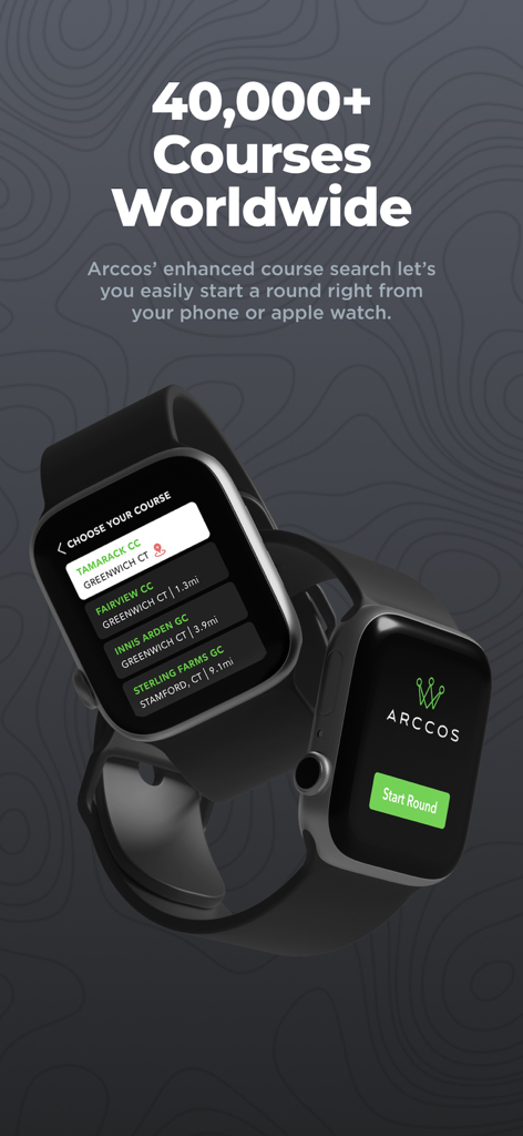 Arccos - Arccos golf app interface on an Apple Watch showing a list of nearby golf courses and a start round button.