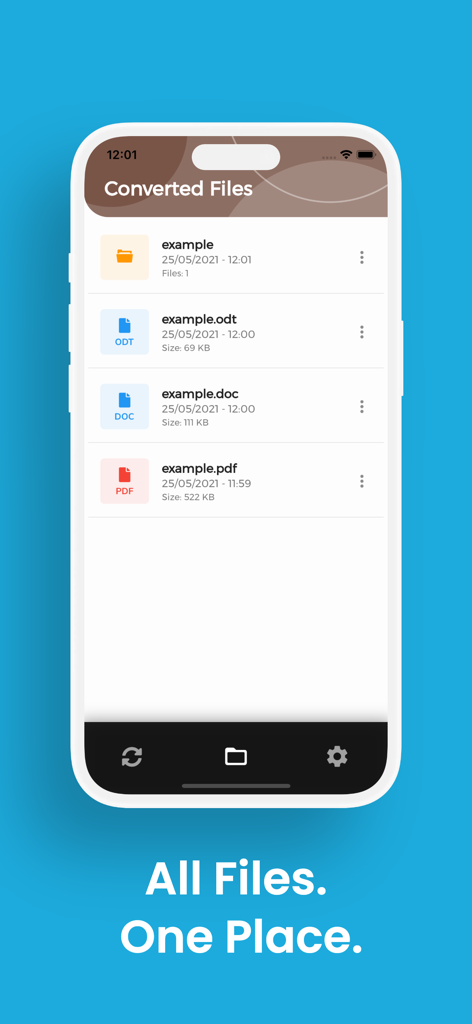 Mobile app interface showing a list of converted documents including PDF and Word formats
