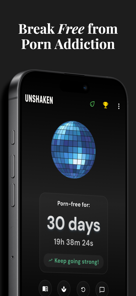 UNSHAKEN: Quit Porn Now - A mobile phone screen displaying the Unshaken app with a 30-day sobriety counter and the text Break Free from Porn Addiction.