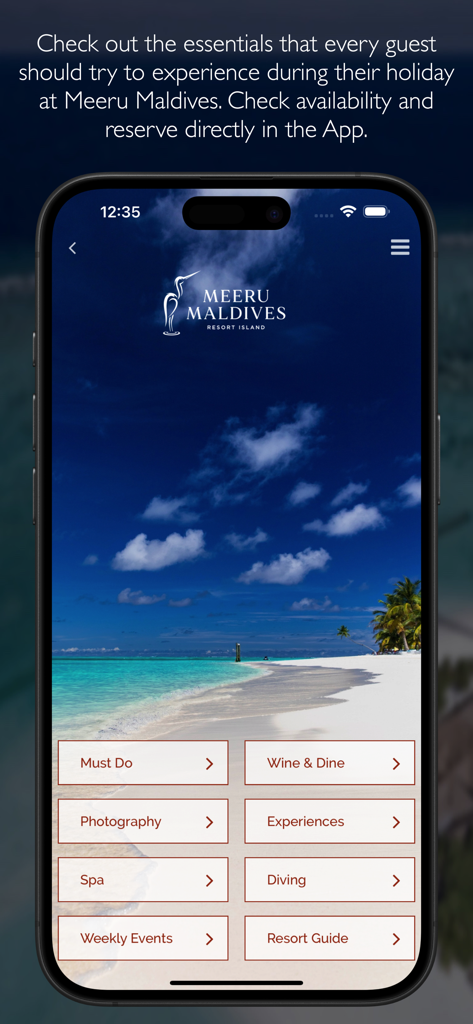 MeeruMaldives - Meeru Maldives resort app home screen with a tropical beach background and menu buttons for booking experiences like spa and diving