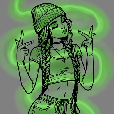 realistic teenage girl with braids and a beanie and crop top doing 🫶🏼