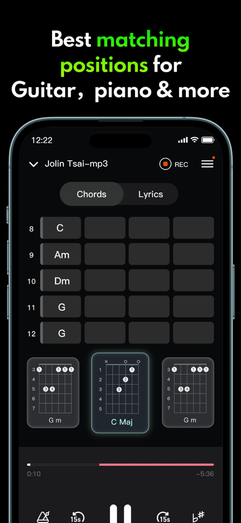 Chord it - Tune & Play Guitar - Chord it app interface displaying AI-detected chord sequences and guitar finger diagrams for a song