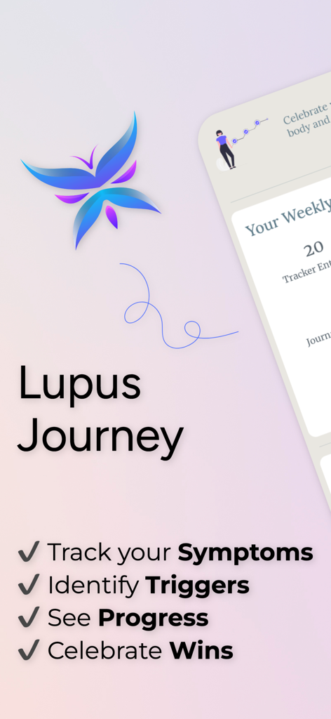 Lupus Journey - Introductory screen of the Lupus Journey app showing key features like tracking symptoms and identifying triggers next to a butterfly logo