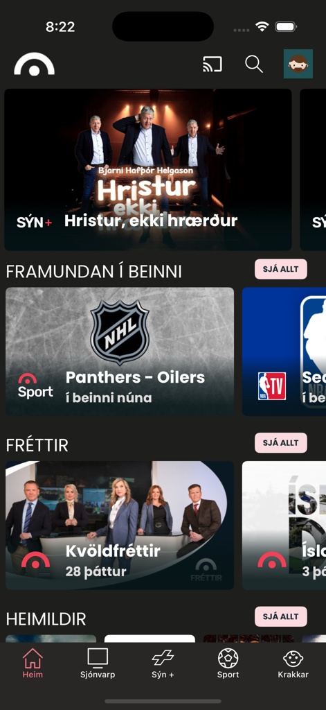 SÝN Sjónvarp - SYN Sjonvarp app home screen displaying live sports and news