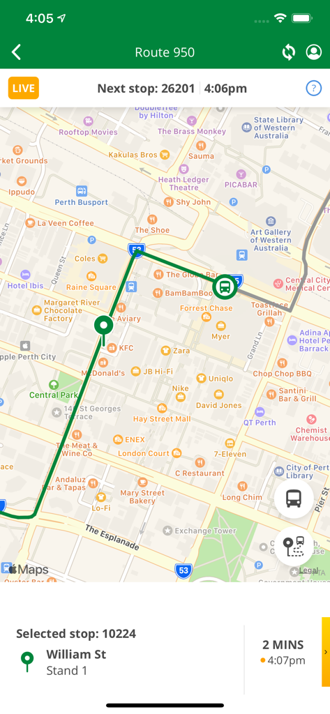 Live bus tracking map on the Transperth mobile app showing route 950