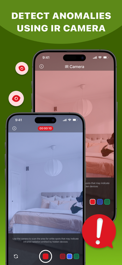 Hidden Detect: Device Finder - Hidden Detect app screenshot showing infrared camera scanning feature to find hidden devices in a bedroom