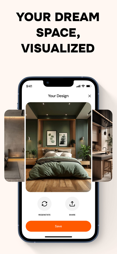Home AI Interior Design - AI interior design app interface showing a visualized modern bedroom with green decor