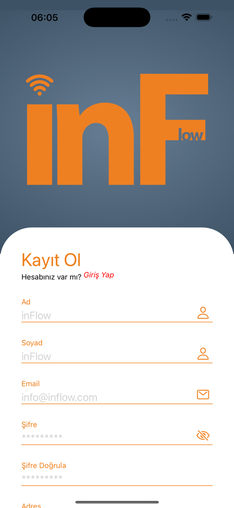 inFlow - Registration screen for the inFlow motor driver remote control app showing sign up fields.