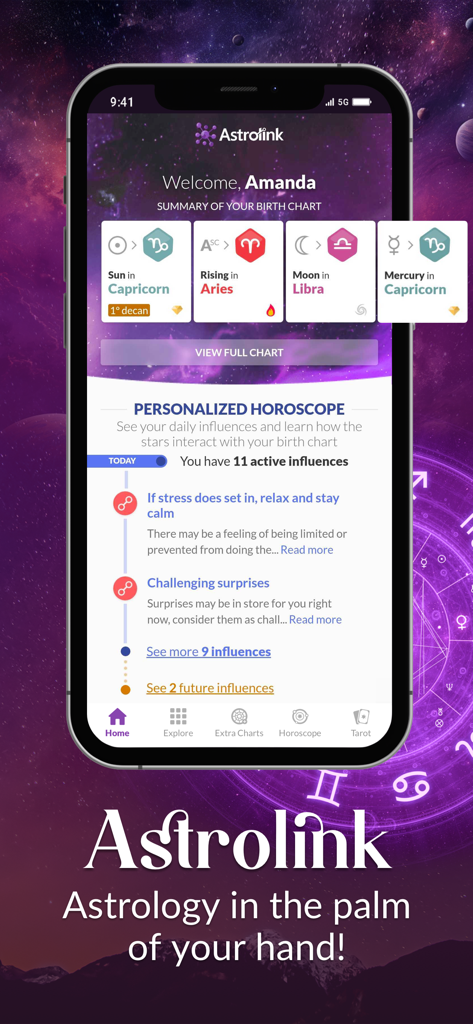 Astrolink: Do your Birth Chart - Astrolink app home screen showing a birth chart summary and personalized daily horoscope influences