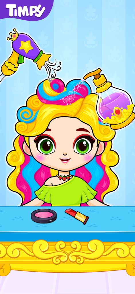 Games for 3 Year Old Girls - A cartoon girl with rainbow hair getting a makeover in a princess hair salon and makeup game for toddlers.