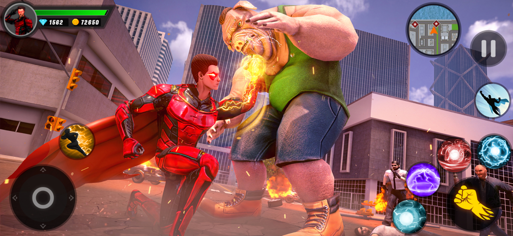 GT Gangster Monster Survival - Ein roter Superheld nutzt seine Kräfte, um ein riesiges Schwein-Monster in einer Stadtumgebung zu bekämpfen.