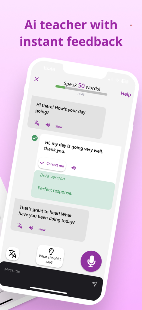 Talk: Korean,Japanese Learning - Interfaz de aplicación móvil que muestra a un profesor de IA brindando retroalimentación instantánea durante una conversación de aprendizaje de idiomas