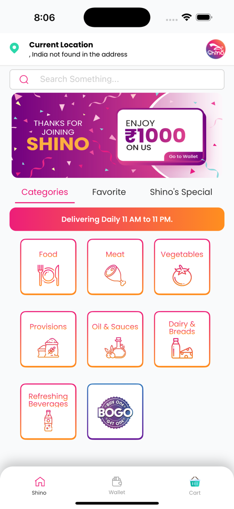 Shino - Shop Local. Fast. - Shino app home screen displaying grocery shopping categories and a welcome discount banner