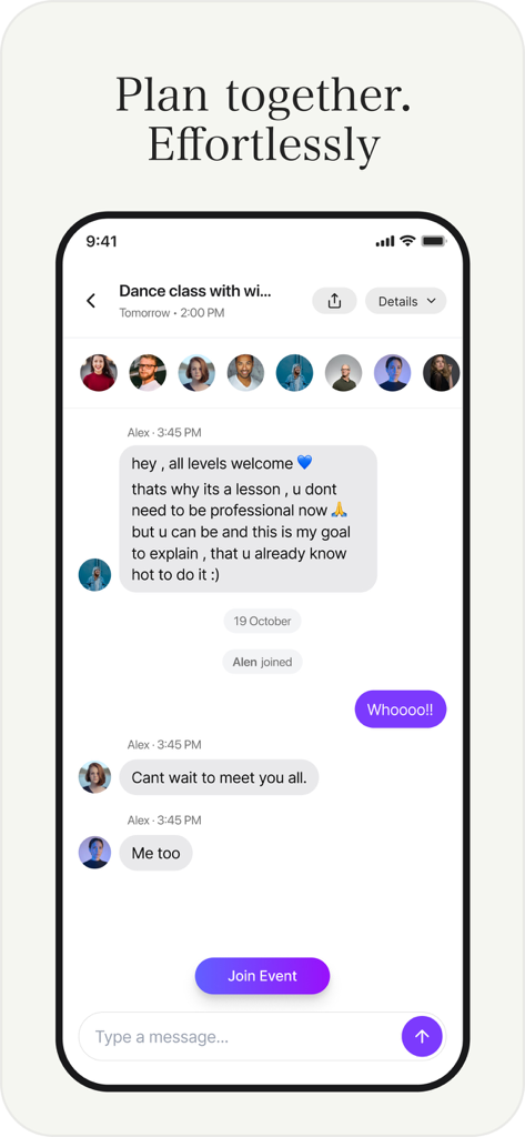 Gather - Pantalla de la aplicación móvil Gather que muestra un chat grupal para un evento de clase de baile comunitaria con un botón Unirse al Evento.