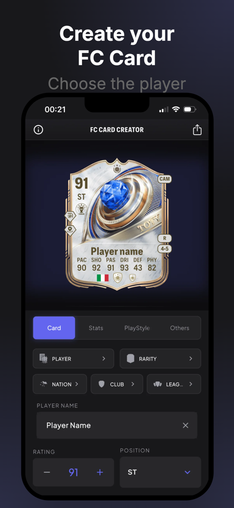 FC Ultimate Card Creator - FC Ultimate Card Creator mobile app interface showing a customizable soccer player card editor