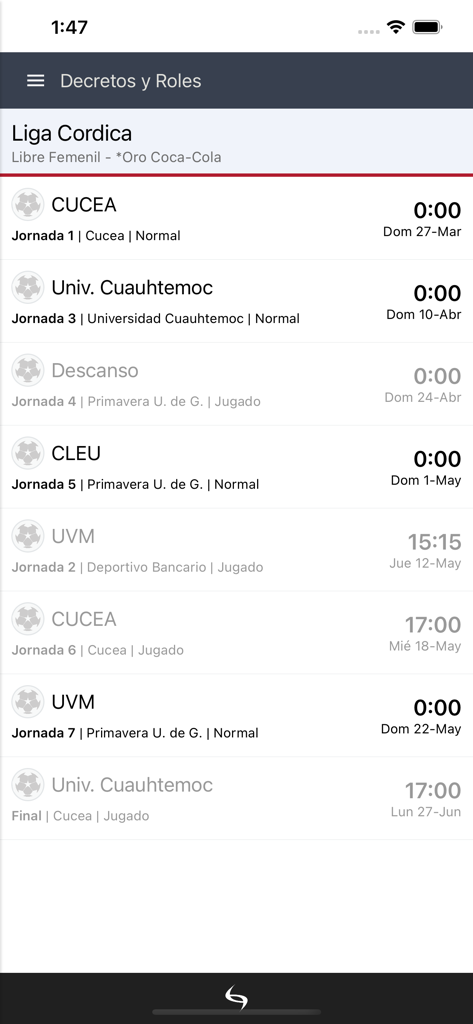 Cordica - Cordica app screen displaying a soccer match schedule with team names dates and field locations
