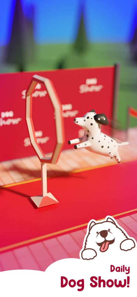 Dog Hotel Tycoon: Pet Game - Un perro dálmata saltando a través de un aro en el evento del Concurso Diario de Perros