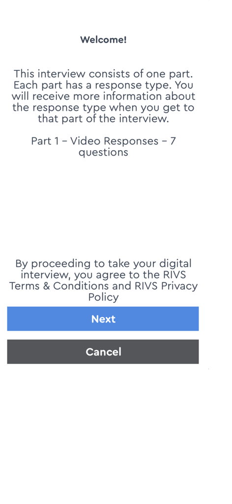 Welcome screen of the interviewstream app providing instructions for a video interview with seven questions