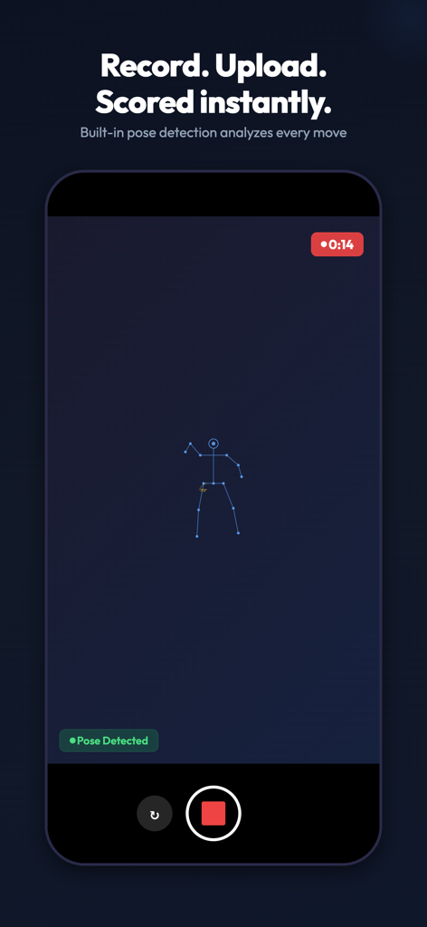 Stickd app interface showing built-in AI pose detection for instant gymnastics scoring and analysis