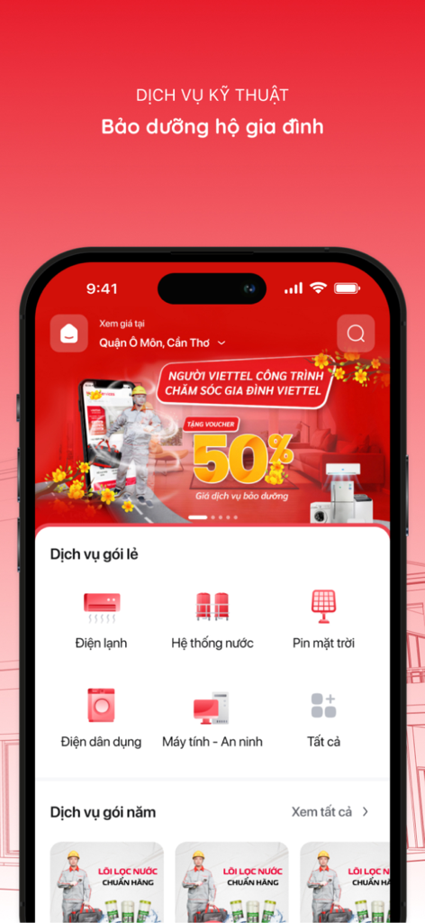 AIO - AIO app interface showing various home maintenance service categories and a promotional voucher