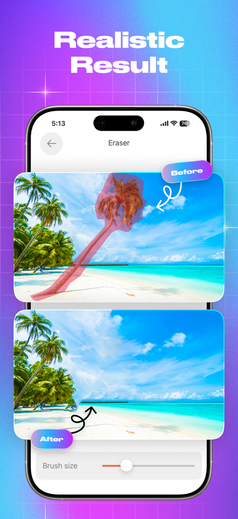 AIオブジェクト消しゴムツールを使用してヤシの木が削除されたビーチ写真の、前後の比較。