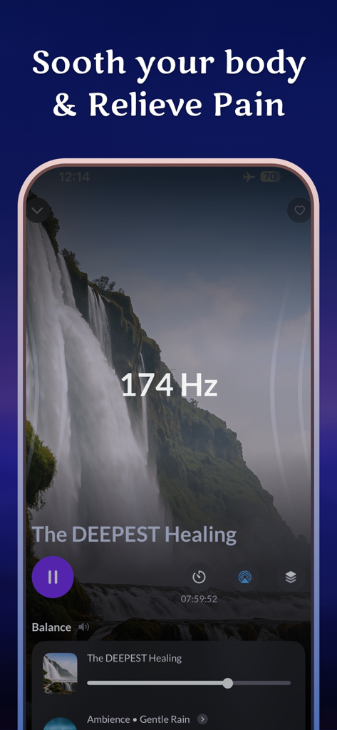 Healingo app screen displaying 174Hz frequency for pain relief with a waterfall background