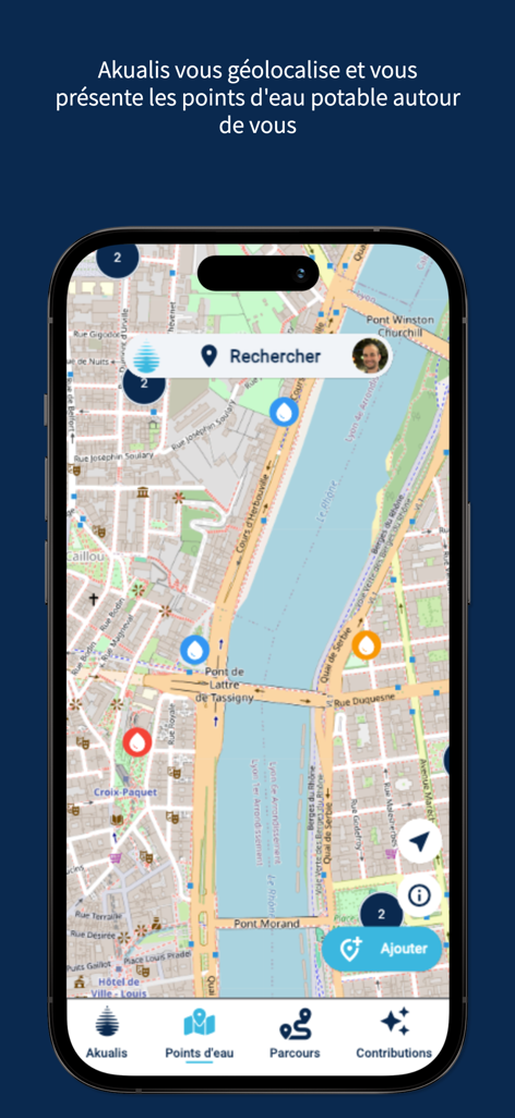 Akualis - Map view in the Akualis app identifying locations of drinking water fountains in an urban area.