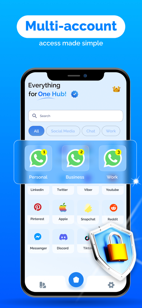 Clone App ~ Multiple Accounts - 個人用とビジネス用の複数のWhatsAppアカウントをセキュリティシールドとともに表示するClone Appインターフェイス。