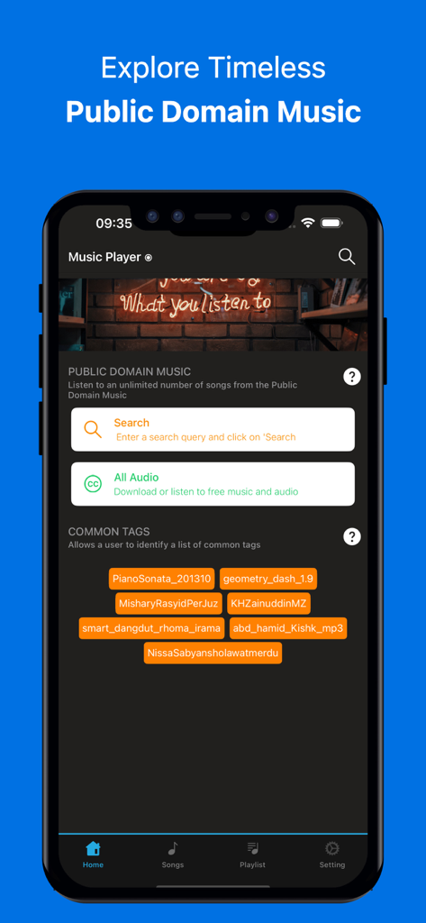Screenshot of the Music Player app interface showing the search screen for public domain and creative commons music