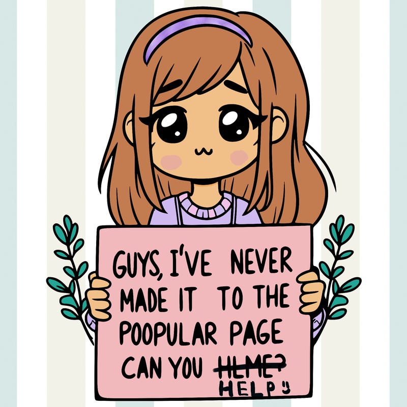 a girl holding up a sign that says, guys, i’ve never made it to the popular page, can you help me?
