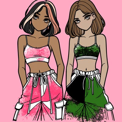 two girls with crop top with baggy pants