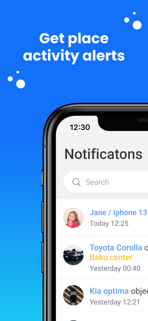 NaviMax - Location sharing - NaviMax app notification screen showing location activity alerts for family and vehicles
