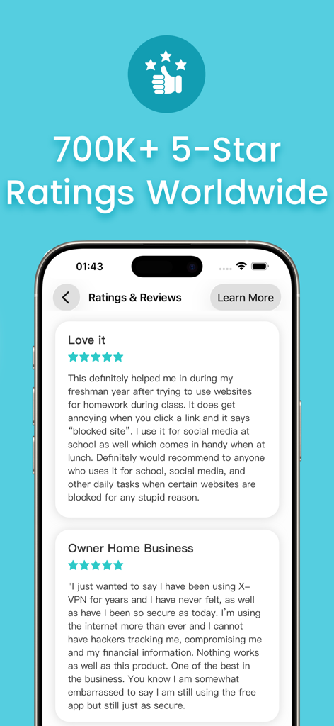 X-VPN app screen highlighting over 700,000 five-star ratings and positive user reviews for school and business use.