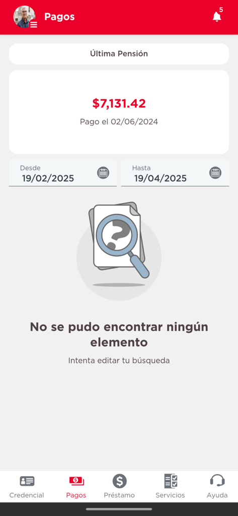 Pensiones Banorte app interface showing latest pension payment amount and transaction history filters