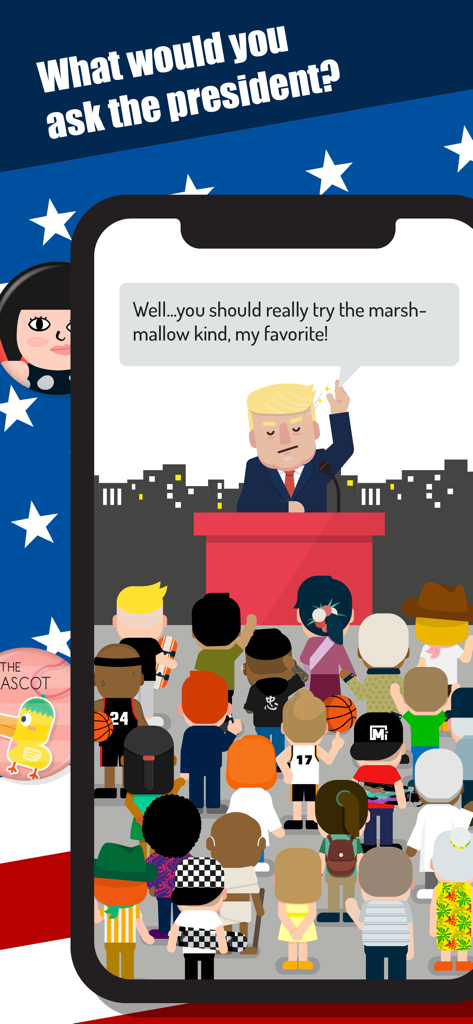 Hey! Mr. President - Cartoon representation of a president speaking at a podium to a diverse crowd in a mobile game screenshot.