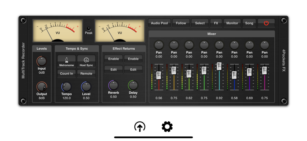 MultiTrack Recorder Plugin interface featuring VU meters and an eight channel mixer.