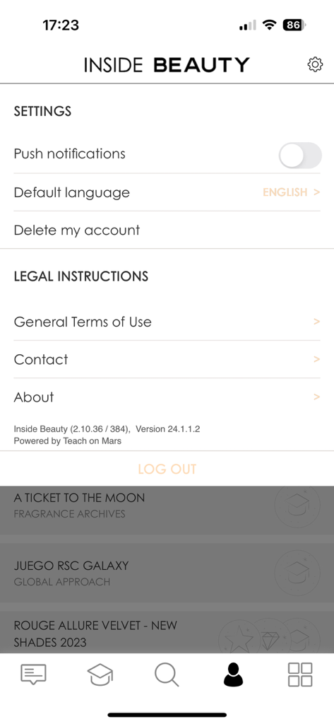 Inside Beauty - Menu de definições na aplicação Inside Beauty que mostra opções de notificação, idioma e legais.
