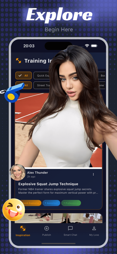 Lvxo app interface showing explosive jump training tips and social community feed