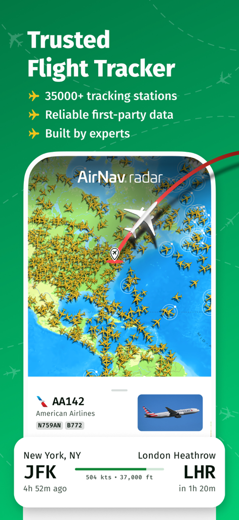 AirNav Radar – Flight Tracker - 항공기 아이콘과 뉴욕에서 런던으로 가는 아메리칸 항공편의 상세 추적 정보를 보여주는 실시간 세계 지도가 표시된 AirNav 레이더 앱 인터페이스.